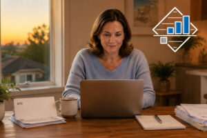 Woman sitting at a dining table completing her tax return at home with an ATO envelope beside her, representing the importance of lodging overdue tax returns with the help of a Tax Accountant Hobart.