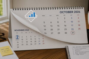 October 2026 calendar showing the personal tax return deadline moving from 31 October to Monday 2 November.