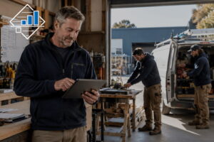 Hobart small business owner using a tablet in a trades workshop while employees prepare equipment and work vehicles for the day.