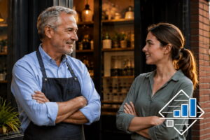 Business owner and younger successor standing outside a successful local business discussing its future, representing succession planning and long-term business continuity.