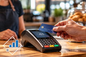 Customer making a contactless card payment using an EFTPOS terminal at a small business