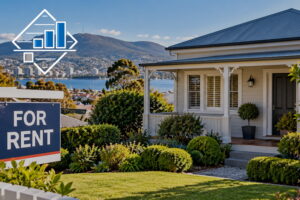 Australian rental property with a For Rent sign and Hobart's mountain backdrop.